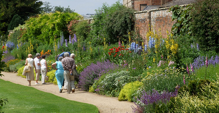 People admiring colourful herbaceous borders in garden